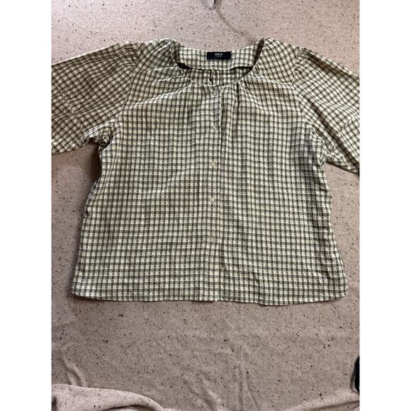 ABLE Earthtone Check Puff Sleeve Top XL Cottagecore Neutral Blouse - Picture 1 of 7